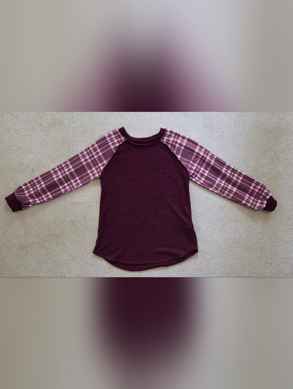 NWOT Heimish USA Women’s 1X Burgundy Plaid Balloon Sleeve Tunic Top